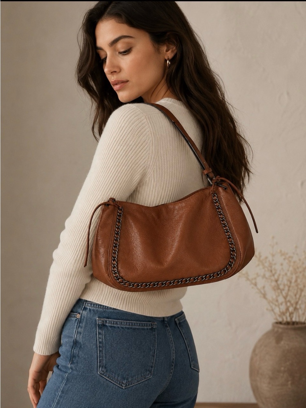 Mellow World Vegan Leather Shoulder Bag Brown Chain Trim PETA Approved